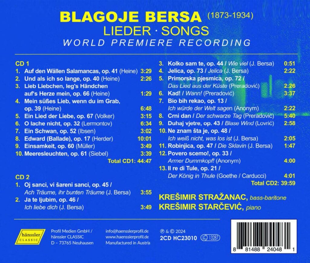 Blagoje Bersa — Lieder / Songs, back cover